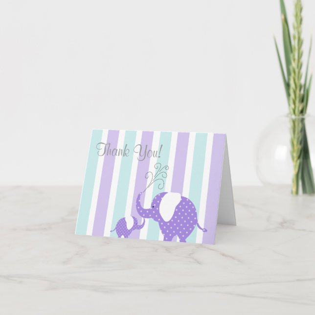 Mum & Baby Elephant Thank You Card- Aqua & Purple (Front)