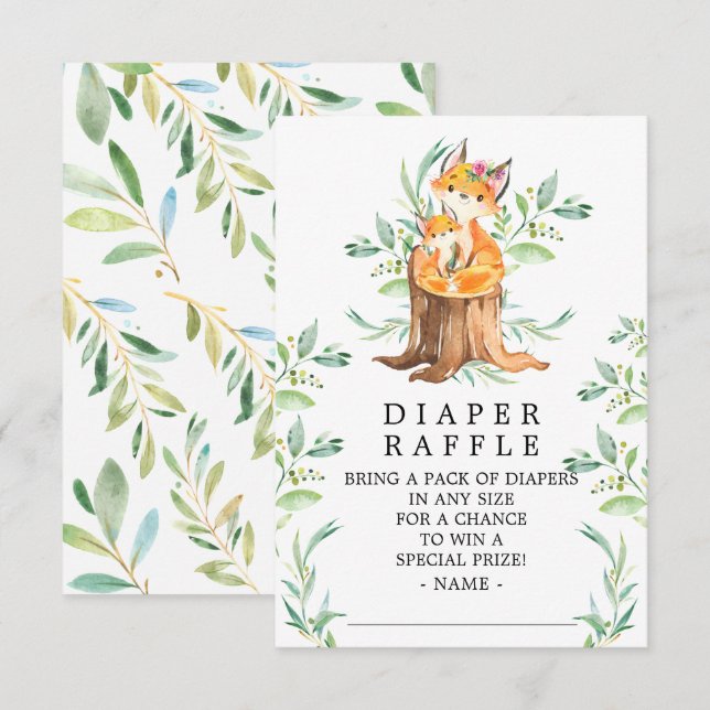 Mum & Baby Fox Baby Shower Diaper Raffle Ticket Enclosure Card (Front/Back)