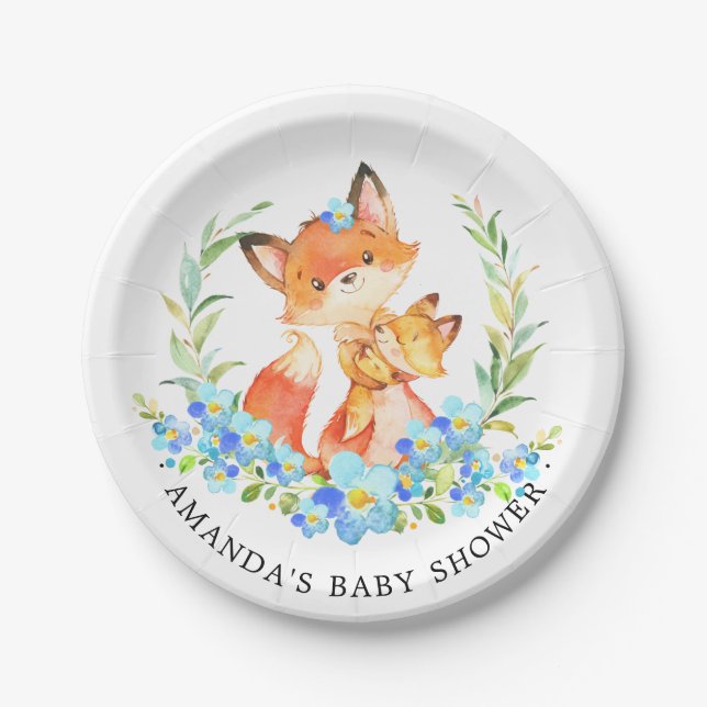 Mum & Baby Fox Boys Baby Shower 7" Plate (Front)