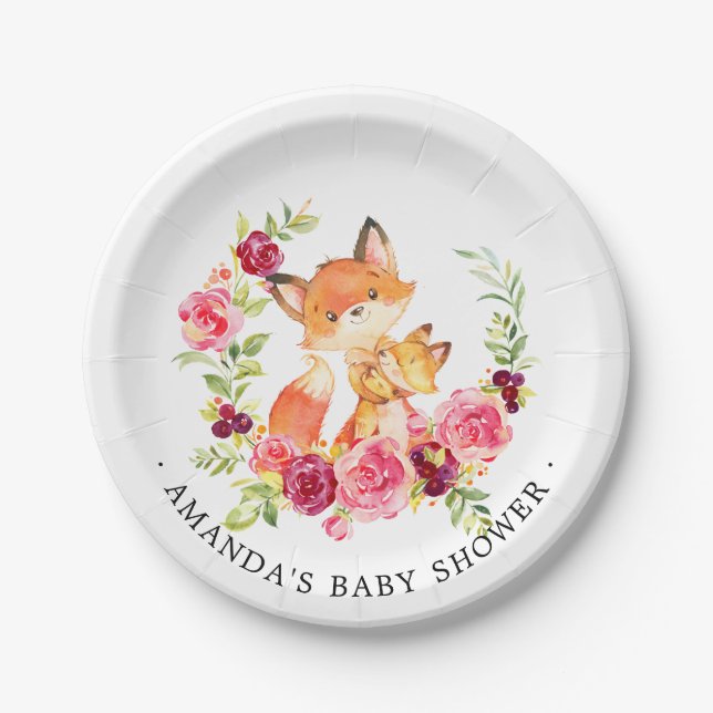 Mum & Baby Fox Girls Baby Shower 7" Plate (Front)