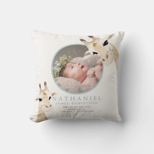 Mum & Baby Giraffe Blue Photo Baby Stats Cushion (Front)