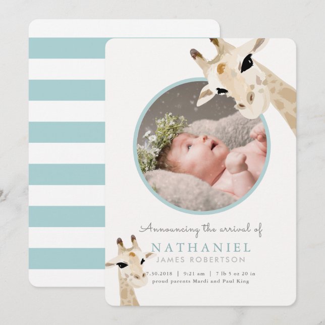 Mum & Baby Giraffe Blue Photo Birth Announcement (Front/Back)