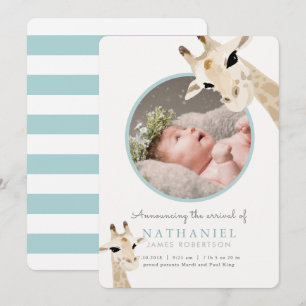 Mum & Baby Giraffe Blue Photo Birth Announcement