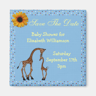 Mum & Baby Giraffe Blue Save the Date Baby Shower Magnet