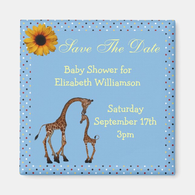Mum & Baby Giraffe Blue Save the Date Baby Shower Magnet (Front)