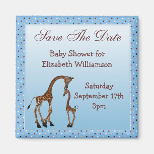 Mum & Baby Giraffe Blue Save the Date Baby Shower Magnet