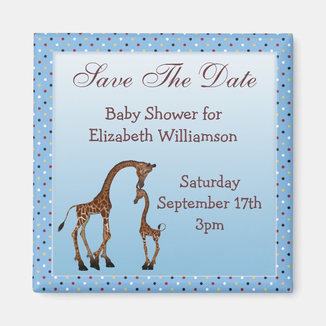 Mum & Baby Giraffe Blue Save the Date Baby Shower Magnet (Front)