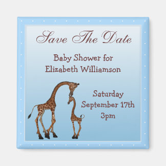Mum & Baby Giraffe Blue Save the Date Baby Shower Magnet