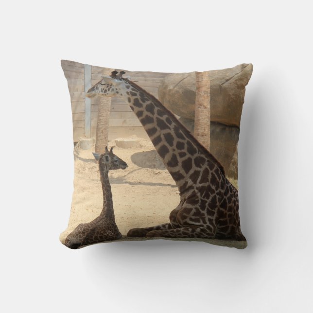 Mum & Baby Giraffe, Earthtone Throw Pillow (Front)