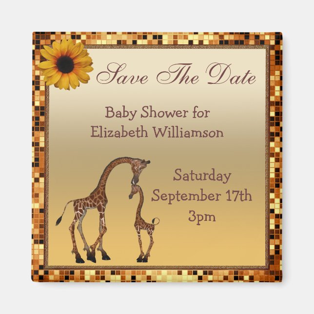 Mum & Baby Giraffe Gold Save the Date Baby Shower Magnet (Front)