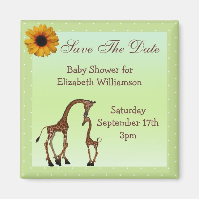 Mum & Baby Giraffe Green Save the Date Baby Shower Magnet (Front)