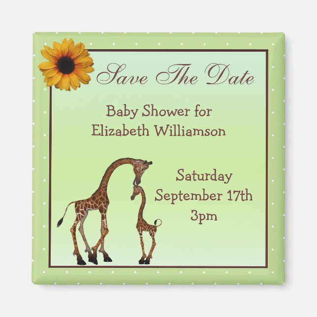 Mum & Baby Giraffe Green Save the Date Baby Shower Magnet (Front)