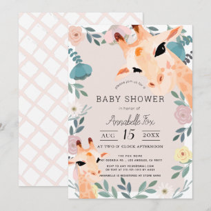 Mum & Baby Giraffe Pink Floral Baby Shower Invitation