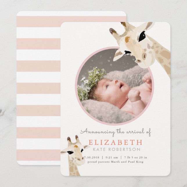 Mum & Baby Giraffe Pink Photo Birth Announcement (Front/Back)