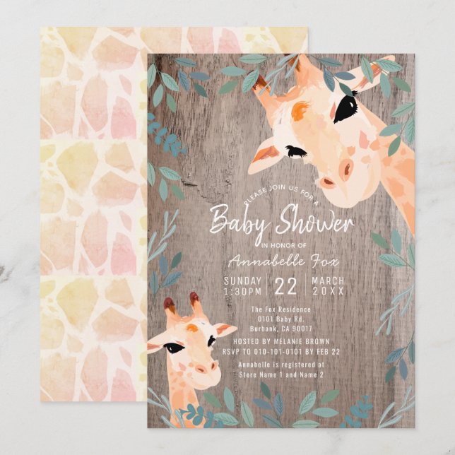 Mum & Baby Giraffe Rustic Wood Baby Shower Invitation (Front/Back)