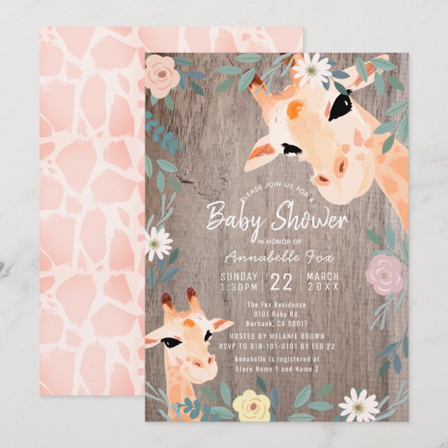 Mum & Baby Giraffe Rustic Wood Floral Baby Shower Invitation (Front/Back)