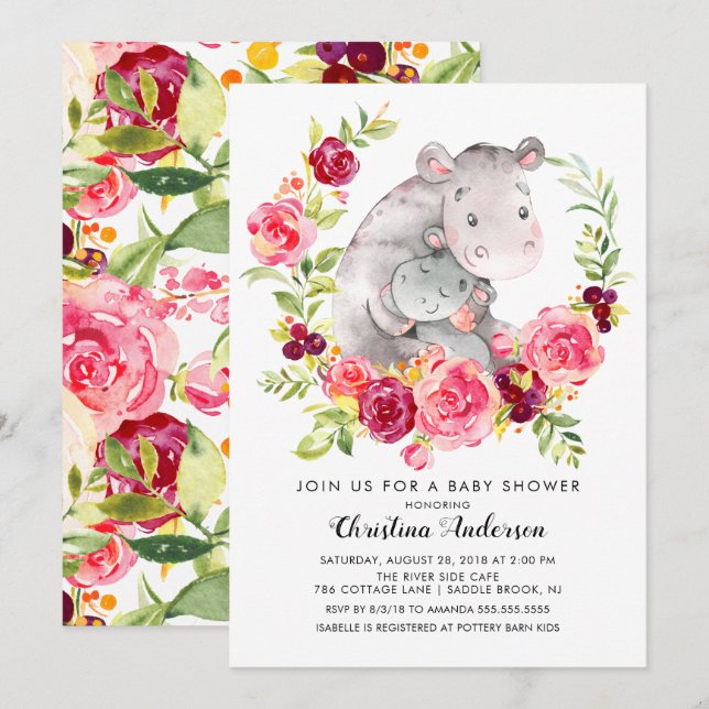 Mum & Baby Hippo Baby Shower Invitation (Front/Back)