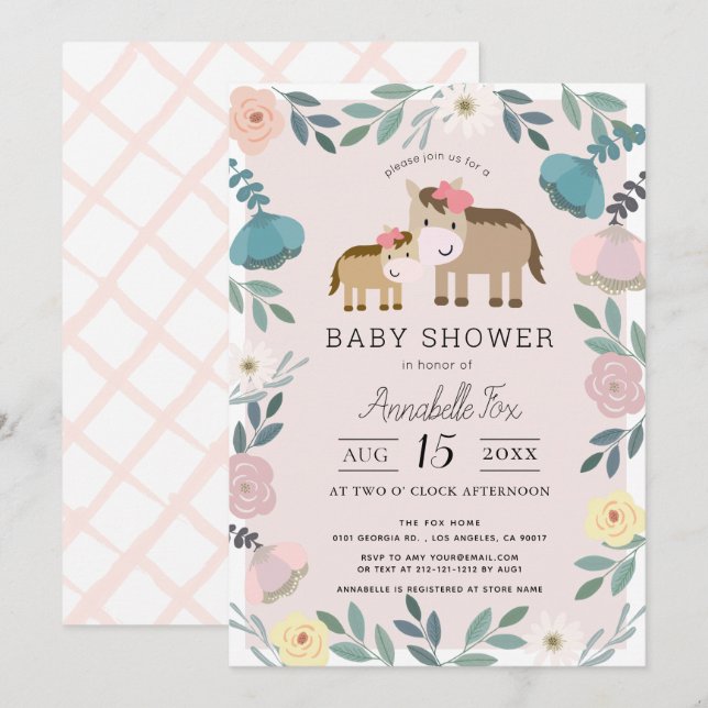 Mum & Baby Horse Pink Floral Garden Baby Shower Invitation (Front/Back)