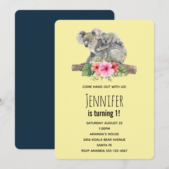 Mum & Baby Koala Bears Cute Watercolor Birthday Invitation (Front/Back)