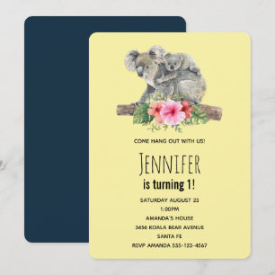 Mum & Baby Koala Bears Cute Watercolor Birthday Invitation