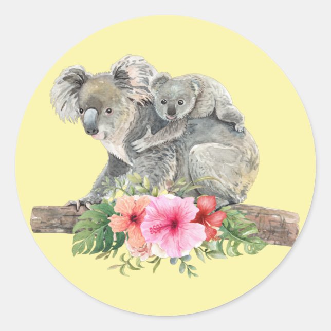 Mum & Baby Koala Bears Cute Watercolor Classic Round Sticker (Front)