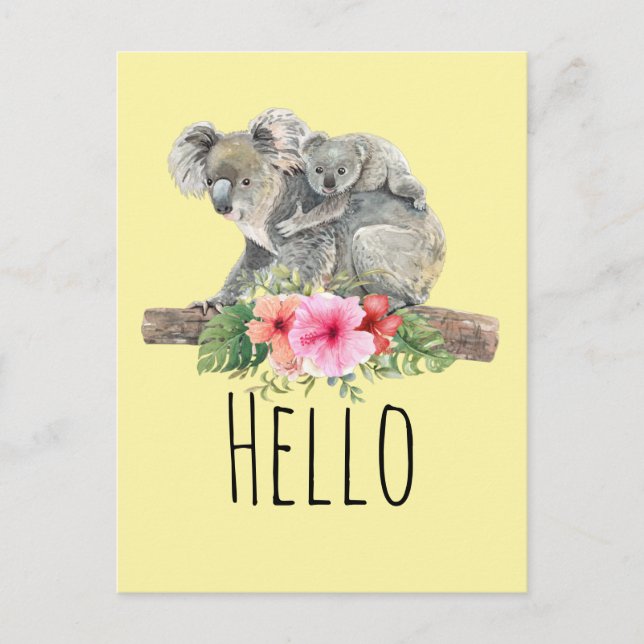 Mum & Baby Koala Bears Cute Watercolor Hello Postcard (Front)