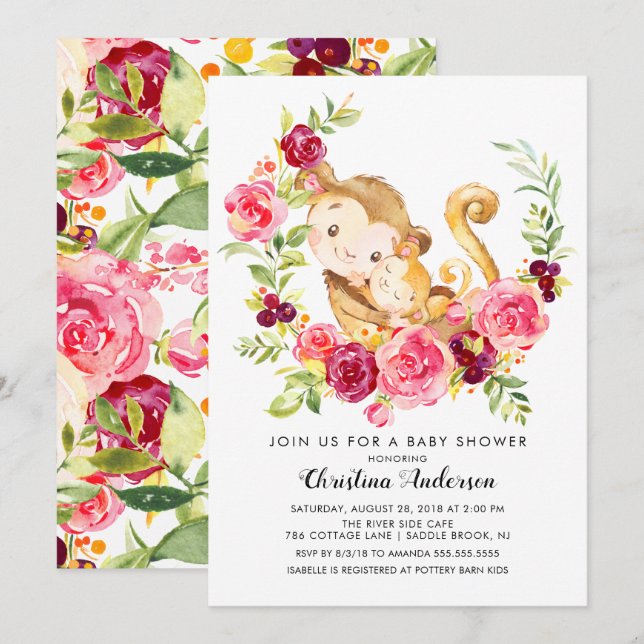 Mum & Baby Monkey Baby Shower Invitation (Front/Back)