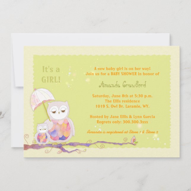 Mum & Baby Owls Green Baby Girl Shower Invitation (Front)