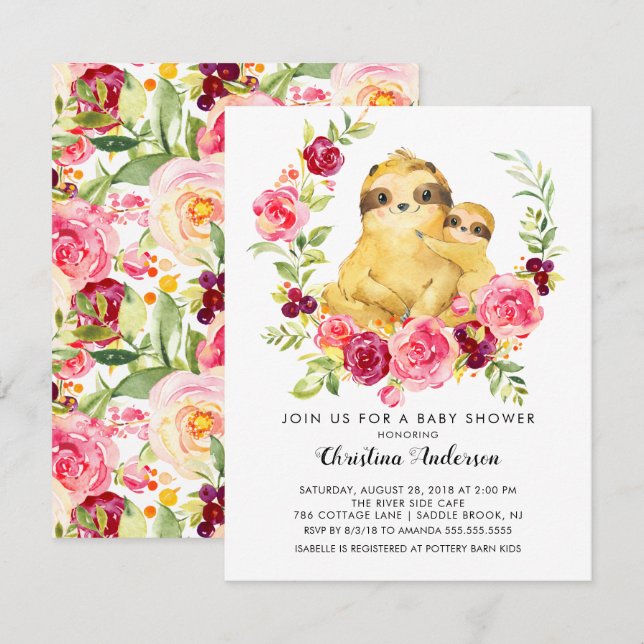 Mum & Baby Sloth Baby Shower Invitation (Front/Back)