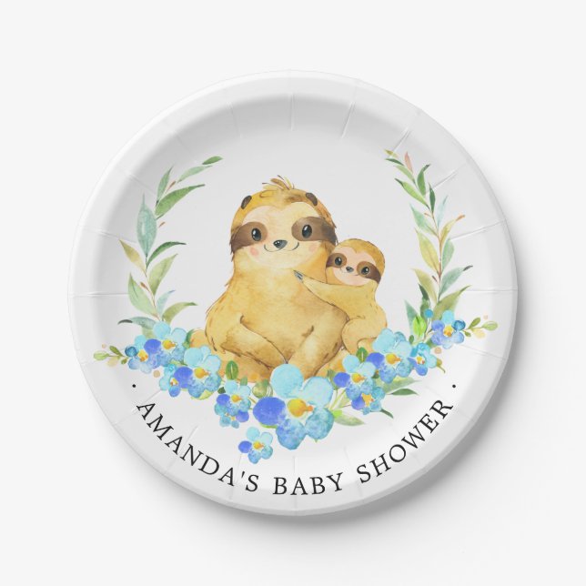 Mum & Baby Sloth Boys Baby Shower 7" Plate (Front)