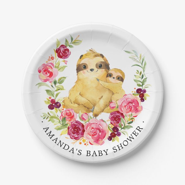 Mum & Baby Sloth Girls Baby Shower 7" Plate (Front)