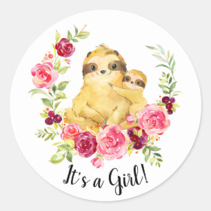 Mum & Baby Sloth It' a Girl Favour Sticker