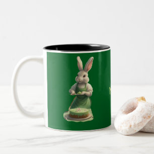 Mum Baking Bunny Birthday Cake green personalised Two-Tone Coffee Mug