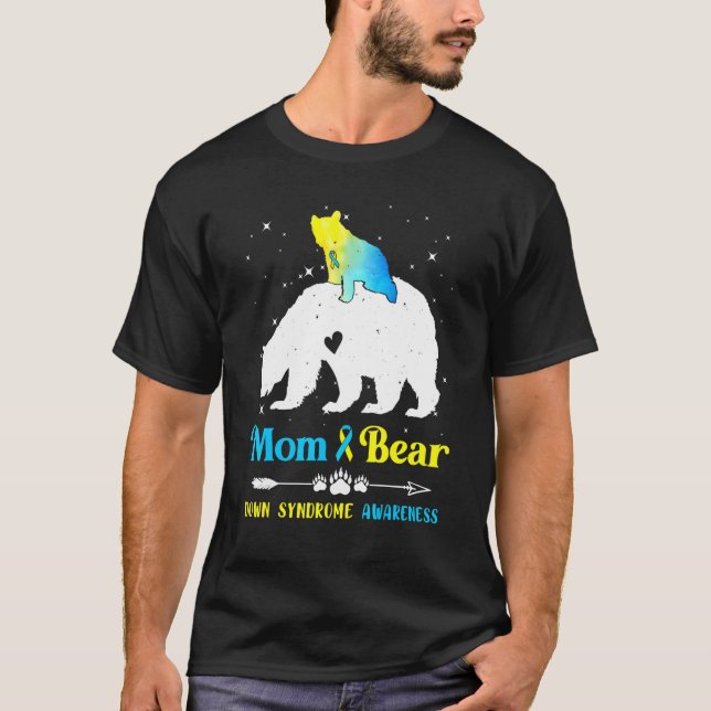 Mum Bear Down Syndrome Awareness Blue Yellow Ribbo T-Shirt (Front)