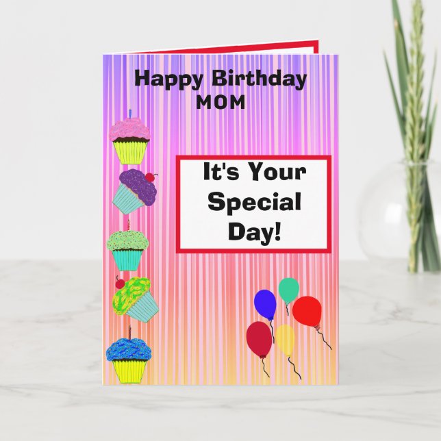 Mum Birthday Cupcakes Ombre Stripes PHOTO Card (Front)