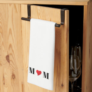 Mum black white red heart modern typography cute tea towel