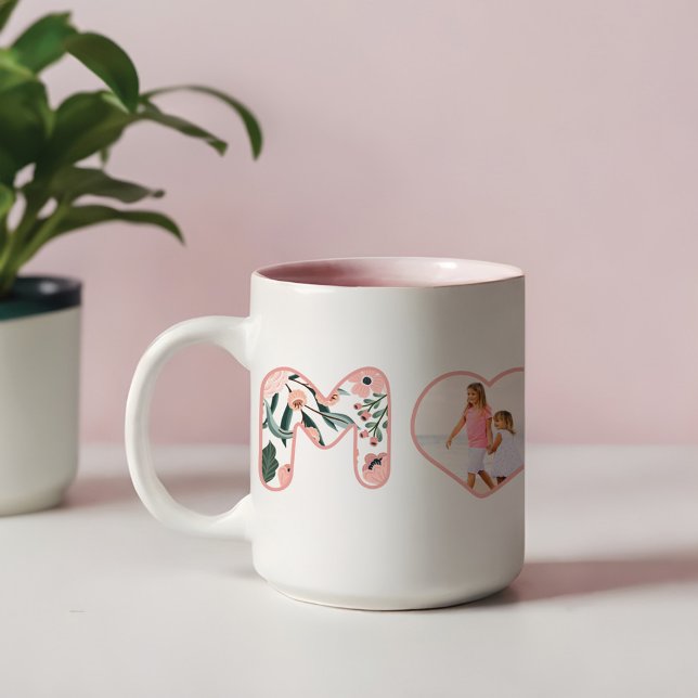 Mum Blush Pink Floral Bubble Lettering Heart Photo Two-Tone Coffee Mug (Mom Blush Pink Floral Bubble Lettering Heart Photo Two-Tone Coffee Mug)