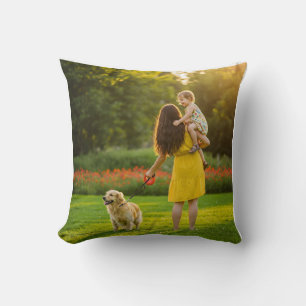Mum, Child, and Dog in Sunny Park Cushion