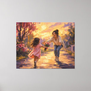 Mum Child Running With Flowers Canvas Art