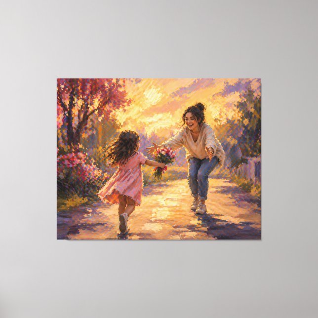 Mum Child Running With Flowers Canvas Art (Front)