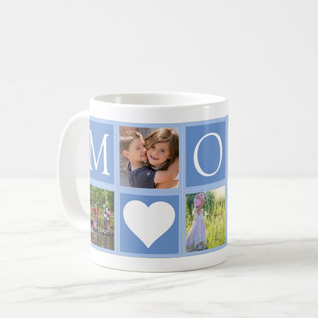 Mum Custom 5 Photos Hearts Blue Coffee Mug (Front Left)