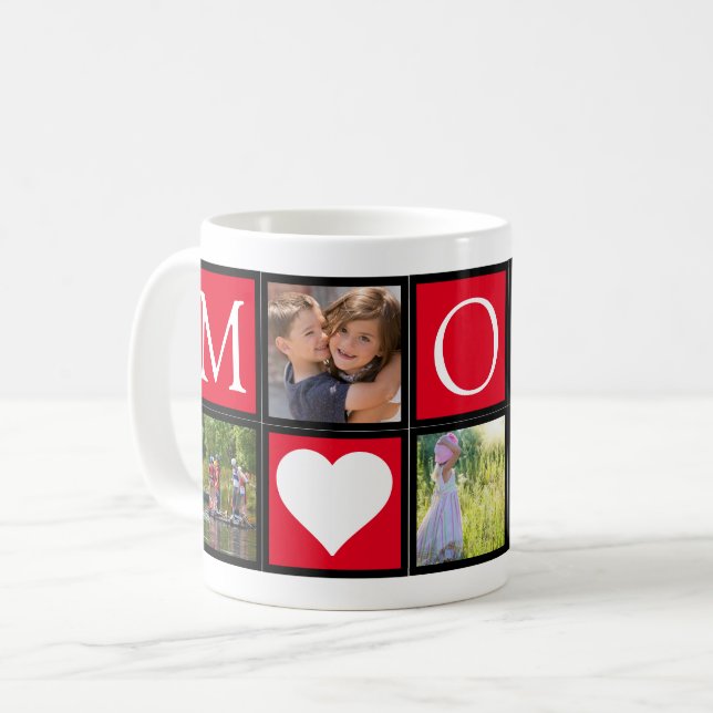 Mum Custom 5 Photos Hearts Red Coffee Mug (Front Left)