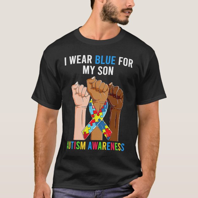 Mum Dad Autism Rise Hands  I Wear Blue For My Son T-Shirt (Front)
