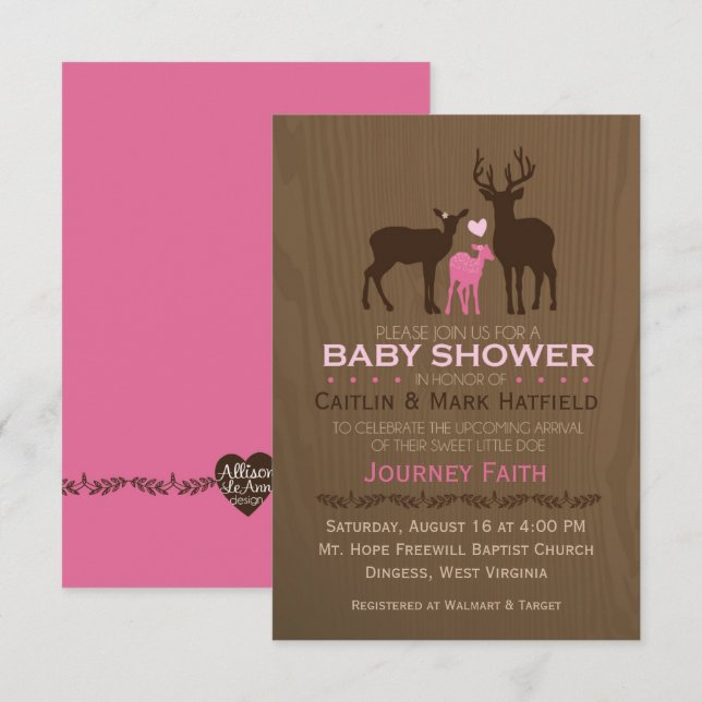 Mum, Dad & Baby Girl Deer Pink Baby Shower Invite (Front/Back)