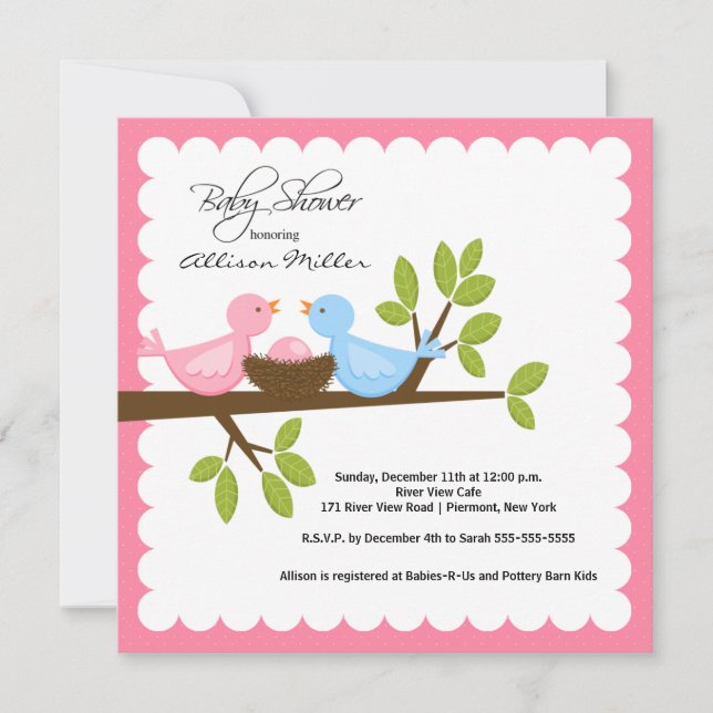 Mum & Dad Birds with Baby Bird Baby Shower Invitation (Front)
