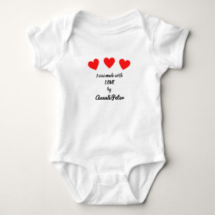 Mum & Dad custom name Made with love three hearts Baby Bodysuit