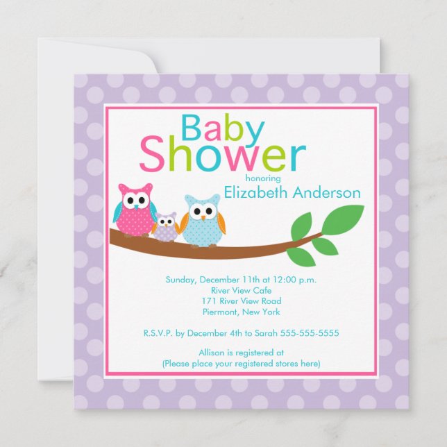 Mum & Dad Owls with Baby Owl Girl Baby Shower Invitation (Front)
