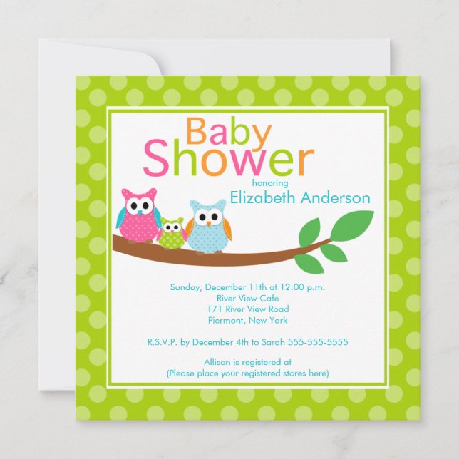 Mum & Dad Owls with Baby Owl Neutral Baby Shower Invitation (Front)