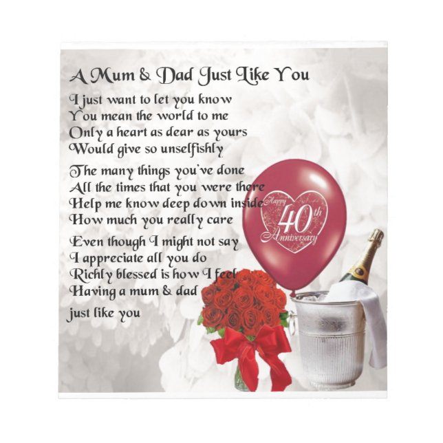 Mum & Dad Poem - 40th Wedding Anniversary Notepad (Front)
