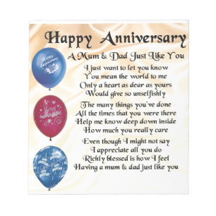 Mum & Dad Poem - Happy Anniversary - Cream Notepad